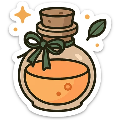 "A cute potion bottle with a whimsical and cozy design, featuring soft and warm colors: golden orange (FA9B41), deep forest green (4A7C5C), muted taupe brown (96775A), and pastel peach (FFCC9A). The bottle is small, round, and slightly vintage in style, with a cork stopper and a delicate ribbon tied around its neck. The potion inside glows faintly with a peachy-orange hue. Surroundings include soft lighting and a magical atmosphere, possibly with sparkles or tiny floating leaves, emphasizing a warm and enchanting mood. The style is charming, storybook-like, and detailed." sticker
