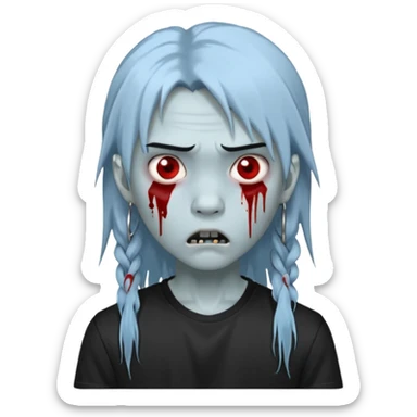  3D emoji-style avatar with very pale blue-grey zombie skin , a young Asian face, and large eyes with blood tears. Give it white litle bit messy long mullet hair style , silver hoop earrings, and a plain black T-shirt. The face expression should be slightly angry, with vampire fang sticker