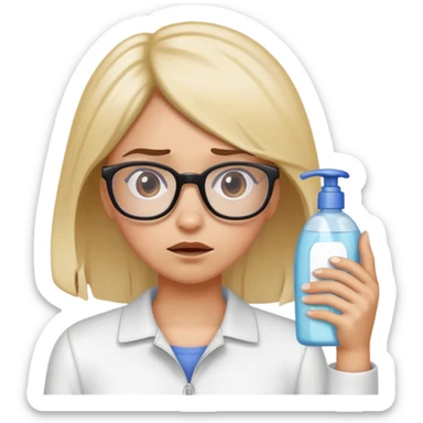 Girl with glasses looking disgusted, holding shampoo bottle away from her, not wanting to wash her hair sticker