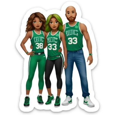 black woman & white man: 48-year-old black woman with Brown eyes, long dark brown balayage hair dressed in sexy 
celtics jersey costume outfit and stilettos with bald white man with Ginger orange face hair beard, Blue eyes, in a Jason Tatum Boston Celtics Jersey, jeans and matching Nike sneakers  sticker
