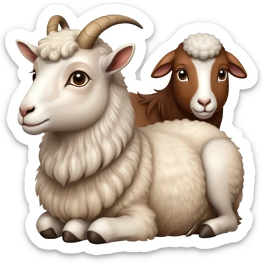 Portrait collage of domestic hooved animals: A calm goat with soft fur, a fluffy sheep with large eyes, and a noble horse with a shiny coat. Soft green meadow and distant hills in the background. Transparent background. sticker