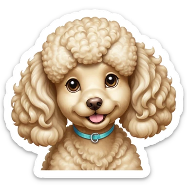 Cinematic Cute Cream Poodle Portrait Emoji, Head tilted playfully and inquisitively, showcasing a bouncy, curly cream Fur with a luminous sheen, round, sparkling warm eyes filled with curiosity, Simplified yet irresistibly adorable features, highly detailed, glowing with a warm, friendly glow, high shine, affectionate and lively, stylized with a touch of whimsy, bright and endearing, soft glowing outline, capturing the essence of a mischievous yet loving companion, so playful it feels like it could bounce out of the screen and into your arms! sticker