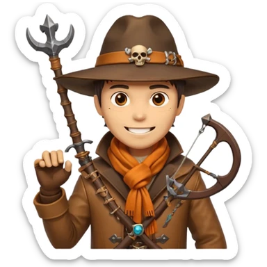 male human monster hunter emoji, wearing brown leather coat and wide hat, holding crossbow, with amulet shaped like skull, Halloween fantasy theme, confident smile, orange scarf, Apple emoji style, clean white background, square image sticker