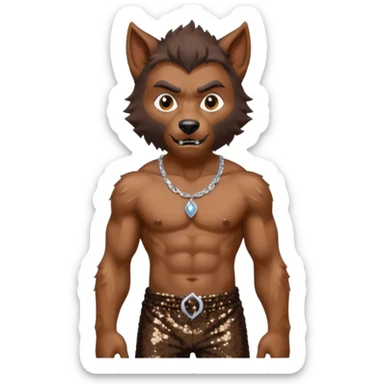 Werewolf with brown fur, dark brown sequin baggy pants, shirtless with necklace sticker