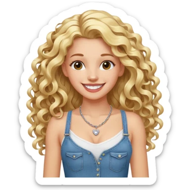 cheerful white girl with long blond curly hair with hairgrip, fit slim with some muscle definition, dressed in jeans and white strappy t-shirt, wearing necklace, big white smile sticker