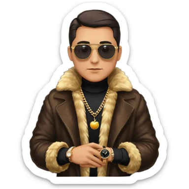 bearded man with slicked back hair, wearing dark sunglasses, a luxurious fur coat over a black turtleneck, gold chains and a watch, minimalist flat design, glossy Apple emoji style, simple facial features, centered full-body icon on white background sticker