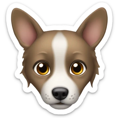 Una pequeña perra de pelaje marrón claro y orejas caídas. ojos grandes y expresivos curiosidad. Lleva un arnés gris y su lengua está fuera  sticker