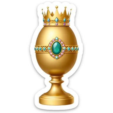 golden Faberge egg on short pedestal wearing a crown sticker