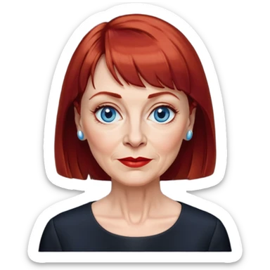 Older woman in her early 60s with fair skin, wider oval face, noticeable age lines, blue eyes, thin eyebrows, small nose, red lips, dark red hair with straight bangs, wearing a black blouse sticker