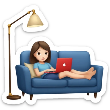A girl is working with a laptop while lying on a sofa, with a floor lamp to the right. sticker