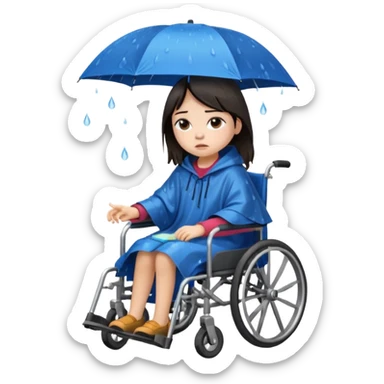 Girl with dark hair  in a wheelchair with rain poncho sad with rain  sticker