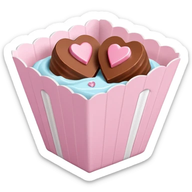 Two sharp-edged square milk chocolate pralines placed diagonally, each in a white fluted paper candy cup, with smooth glossy coating.
Flat thin pastel pink heart icing centered on top with subtle sugar crystal sparkle, clean studio lighting, pure white background, realistic minimal emoji-style. sticker