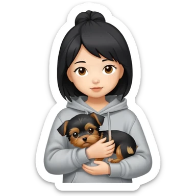 a black-haired Chinese girl in a gey hoodie with a yorkie puppy sticker