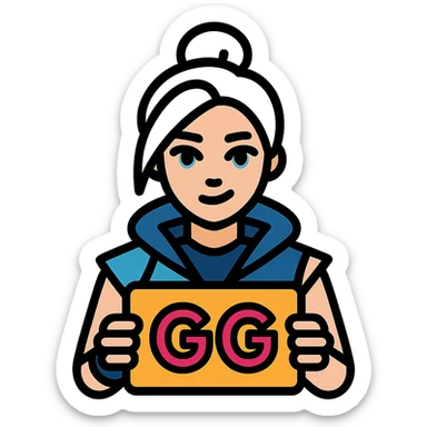 Resize the image to 500x500 pixels and ensure the file size is under 1 MB. Keep Jett from Valorant holding 'GG' text vibrant and energetic in a lineal color icon style with black outlines. sticker
