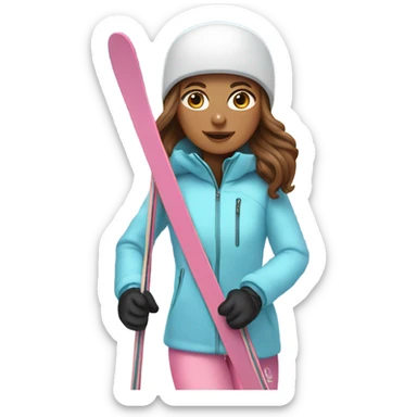 White Girl with long brown hair skiing on pink skis. Wearing a light blue coat. And a pair of white snow pants.  sticker