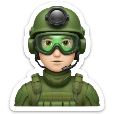 white-skinned male modern infantry soldier with green body armor, ultra-modern helmet with night vision goggles, mask, cool and brutal, emoji style sticker