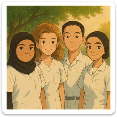 Four nursing students standing side by side in a warm atmosphere, Ghibli style. They wear white short-sleeved uniforms with medical tunic tops featuring V-neck collars and left chest pockets. No undershirts or stethoscopes. Faces and attitudes inspired by the four provided photos, version 3. sticker