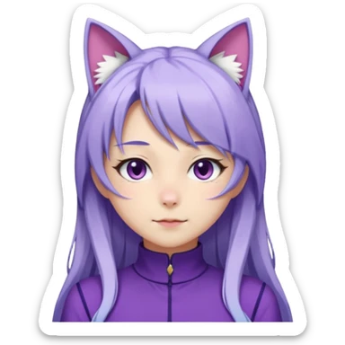 female anime character with long white and periwinkle hair and cat ears on her head. She is wearing a purple outfit with a high neckline and long sleeves.  sticker