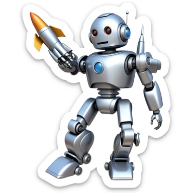 Robot with rocket boosters accelerating upward, upgrade concept sticker