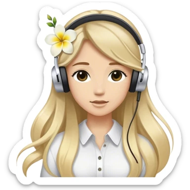 im a streamer, i need a emoji of me, brunette long hair with a blonde balayage, i wear white earpods with mic and a hawaian white and yellow center flower in the right on top of the earphone and is like smal  sticker