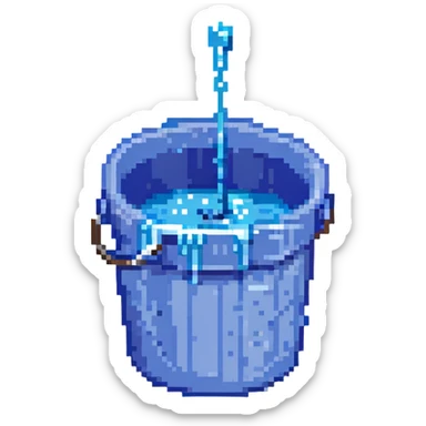 blue bucket of water with a hole in the side, water pouring out, pixel art style sticker