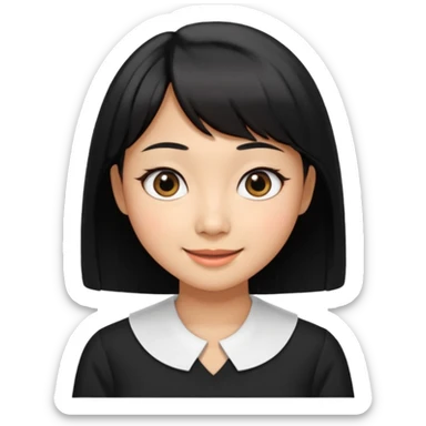 30 yr old asian woman center parted hair big eyes big smile tanned skin straight black hair hippie part hair white blouse shoulder length hair middle parted hair few short bangs at front sticker
