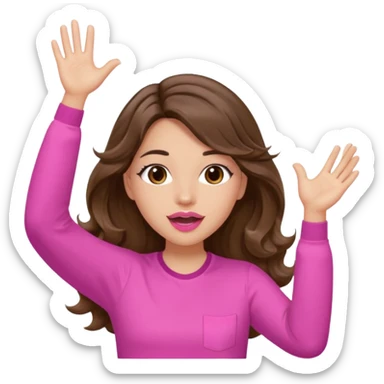 girl with long wavy brown hair, brown eyes, light to medium complexion, in a pink shirt, pink lips, long lashes, puckered lips, both hands all the way upin the air cheering sticker