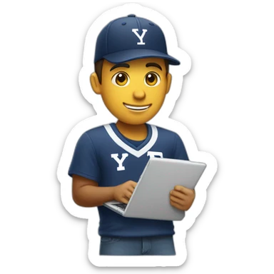 guy wearing a baseball cap, holding a yale soccer and thinkpad sticker