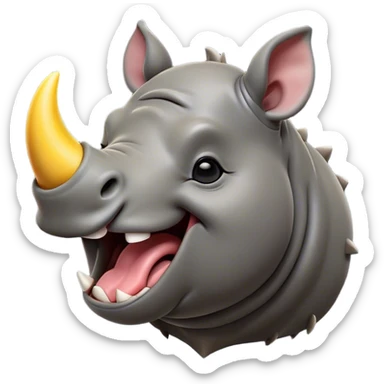 Cinematic Cute Yawning Rhinoceros Portrait Emoji, Head tilted slightly with a dramatic, wide-open yawn, showcasing a soft, textured slate-gray hide with a slightly drooping horn and eyes barely open in drowsy contentment, Simplified yet irresistibly adorable features, highly detailed, glowing with a soft, cozy glow, high shine, relaxed yet expressive, stylized with a touch of rugged whimsy, bright and endearing, soft glowing outline, capturing the essence of a sleepy yet affectionate rhinoceros, so drowsy it feels like it could stretch out of the screen and curl up for a nap! sticker