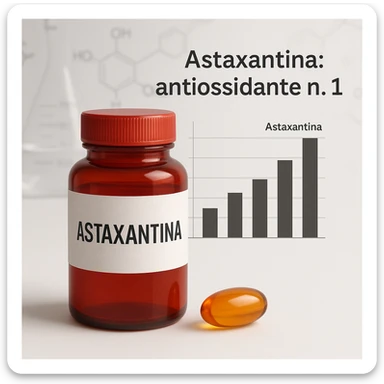 hyper realistic red bottle labeled 'Astaxantina' with orange and golden capsule next to it, bar chart showing Astaxantina on top, Italian text 'Astaxantina: antiossidante n.1', scientific atmosphere, white background sticker
