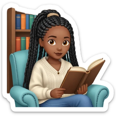  A dark-skinned Black woman with long black box braids, holding an open book, sitting in a cozy chair, wearing a sweater. sticker