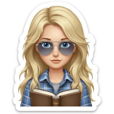 girl with long blond messy hair wearing grey plaid shirt with blue eyes and aviator sunglasses wearing a ring on her silver necklace, holding law books sticker