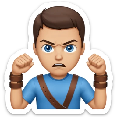 A brunette man with blue eyes, holding a belt in his hand and his expressions look angry sticker