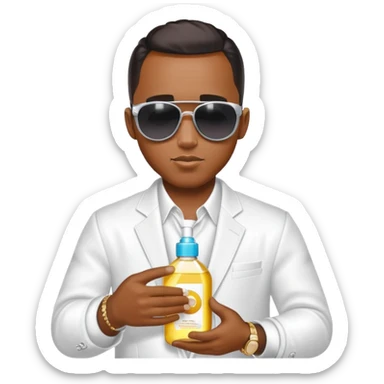 Diddy wearing sunglasses in a party outfit holding baby oil  sticker