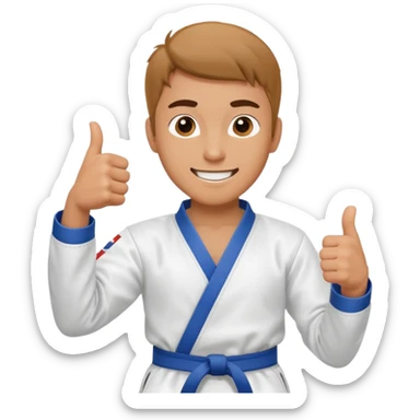 Crea un personaje masculino con el uniforme de taekwondo que tenga efecto dibujito y esté realizando este gesto con la mano👍🏼, debe estar sonriente sticker