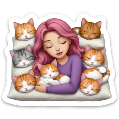 girl with long wavy brown hair, long lashes makeup, sexy pink lips, light to medium complexion,  sleeping on a cozy pillow, with 6 cats: 1 ginger/white, 1 grey with white paws, 1 calico, 2 grey and white and one tabby and white sticker