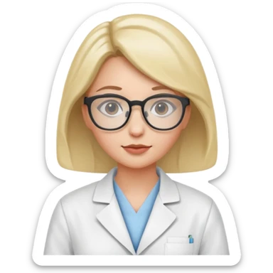 Portrait of a young female scientist wearing a white lab coat, glasses sticker