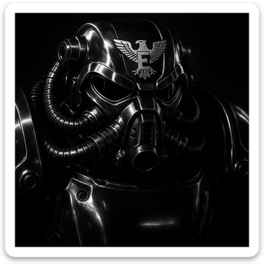 Add the Enclave logo clearly visible on the helmet of the X-01 power armor. Preserve the shiny chrome, sci-fi aesthetic with bold shadows enhancing the helmet's shape and the logo's impact. sticker