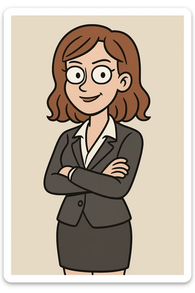 corporate girl, medium length straight wavy hair, cartoon effect, arms crossed, professional look, minimal background sticker