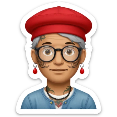 unique looking tourist with big unique red tourist hat and earrings, man with lots of tattoes and spectacles, hair showing sticker