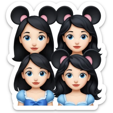 escribe el nombre Disneyland Paris y para titulo, pon a quatro chicas: una pelo corto negro, una pelo rizado largo, una pelo largo liso y la otra pelo ondulado mediano, esta con el ojos azules. Todas tienen piel carne sticker