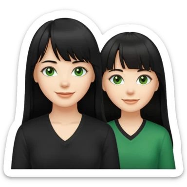 A white woman with Long straight hair with bangs, black hair, green eyes and a black low-cut shirt smiling sticker