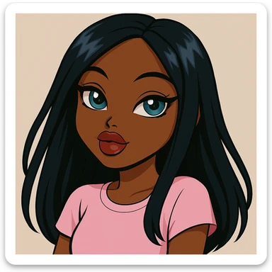 Change her expression to dreamy, headshot only, 20-year-old anime Bratz style woman with dark skin, straight hair, more casual outfit, big expressive eyes, glossy lips, no hat, no tears, looking straight ahead. The style should reflect anime Bratz aesthetics with emphasis on big expressive eyes and glossy lips. sticker