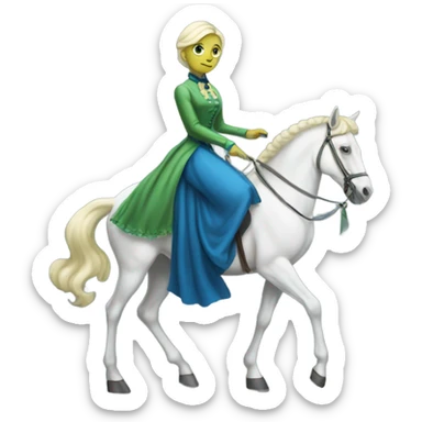 "galora green blonde alien woman" in blue Victorian dress elegant, full body, on white horse sticker