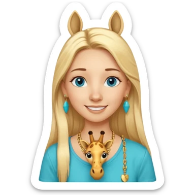 Swedish girl blonde long straigt hair blue eyes turqoise shirt gold earings, girrafe necklace gold small, long lashes smiling closed mouth sticker
