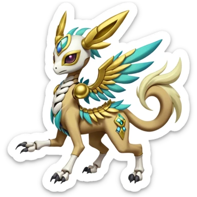 Big-eyed anime-styled Colorful Shiny Tribal Skeletal masked armored Meloetta-Silvally-Solgaleo-Raikou-Pokémon-Digimon-Fakémon-fusion-hybrid-creature, full body sticker
