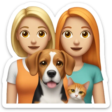 two white women couple, with one beagle dog, one orange cat, and two domestic short hair cats sticker