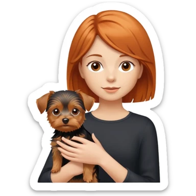 A girl with shoulder-length orange-brown hair holding a short-haired Yorkshire terrier. sticker