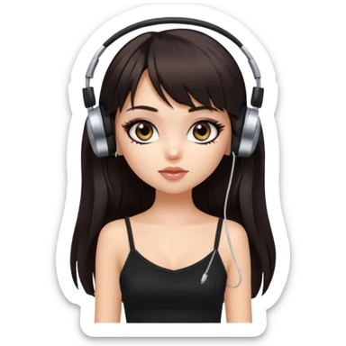 generate a pretty bratz girl in black cami top, dark brown straight long hair with bangs, eyeliner on, listeninh to music sticker