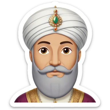 ​Cinematic Realistic Portrait of Suleiman the Magnificent, depicted as a regal Ottoman sultan adorned with a large, white, round, tall turban and a majestic grey beard, his commanding gaze bathed in warm, historic lighting that exudes timeless authority and grandeur, sticker
